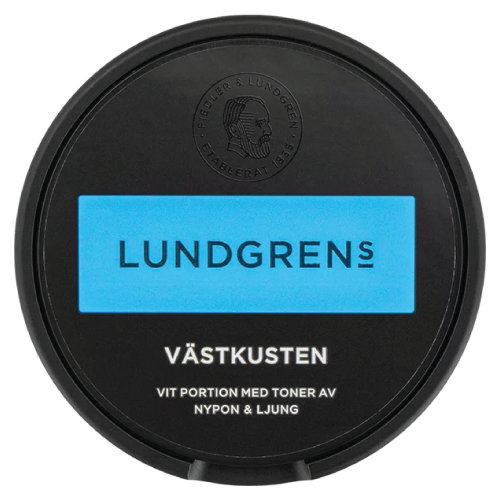 Lundgrens Västkusten White Portion snus with heather and rose hip notes and 10 mg nicotine per gram
