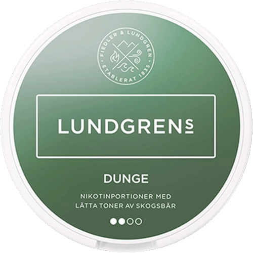 Lundgrens Dunge nicotine pouches with forest berry flavor – premium Swedish tobacco-free snus alternative in green round can