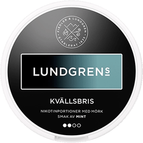 Lundgrens Kvällsbris nicotine pouches with mild mint and herbal flavor – premium Swedish tobacco-free snus alternative in light blue round can