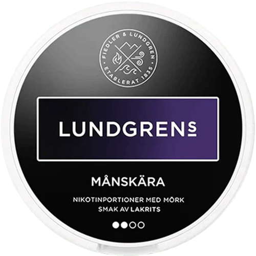 Lundgrens Månskära nicotine pouches with mild citrus and herbal flavor – premium Swedish tobacco-free snus alternative in dark blue round can