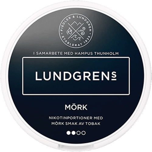 Lundgrens Mörk nicotine pouches with dark tobacco flavor – premium Swedish tobacco-free snus alternative in black round can