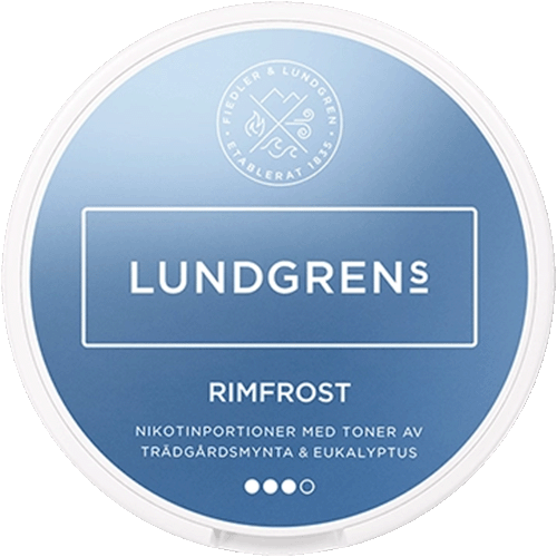 Lundgrens Rimfrost nicotine pouches with icy mint flavor – premium Swedish tobacco-free snus alternative in white and light blue round can