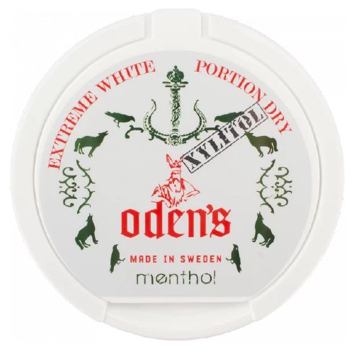 Odens Extreme White Dry Menthol Snus mit kühlendem Menthol, Xylitol und hohem Nikotingehalt für Profis.
Odens Extreme White Dry Menthol Snus mit kühlendem Menthol, Xylitol und hohem Nikotingehalt für Profis.