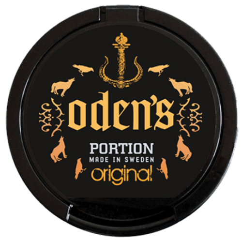Odens Original Portion snus with classic spicy tobacco taste, herbs and bergamot, lower nicotine 9mg/g.
