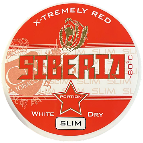 Siberia Red White Dry Slim Portion – extra strong snus with bold tobacco taste and icy mint in slim white dry pouches.
