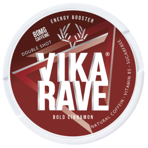 Vika Rave Double Bold Cinnamon caffeine pouches, nicotine-free, spicy cinnamon energy boost
