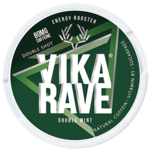 Vika Rave Double Mint caffeine pouches, nicotine-free, refreshing mint energy boost
