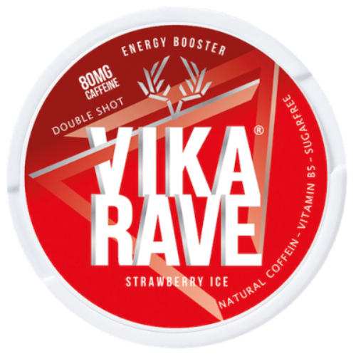 Vika Rave Double Strawberry Ice caffeine pouches, nicotine-free, fruity energy boost
