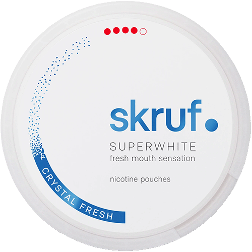 Skruf Superwhite Crystal Fresh Xtra Strong nicotine pouches with eucalyptus and menthol flavor – extra strong Swedish tobacco-free snus alternative in white round can
