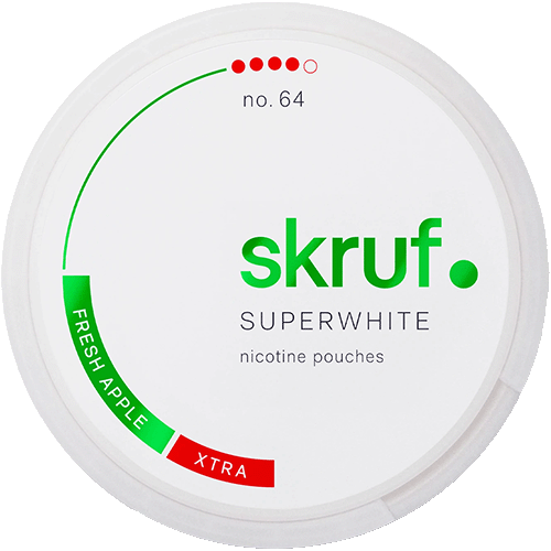 Skruf Superwhite No.64 Fresh Apple Xtra Strong nicotine pouches with juicy green apple flavor – extra strong Swedish tobacco-free snus alternative in green and white round can