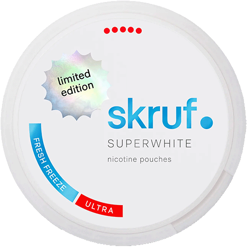 Skruf Superwhite Fresh Freeze Ultra Strong nicotine pouches with intense menthol and cooling effect – ultra strong Swedish tobacco-free snus alternative in white and blue round can