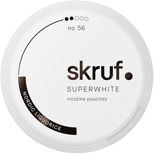 Skruf Superwhite No.56 Nordic Liquorice nicotine pouches with bold Nordic liquorice flavor – premium Swedish tobacco-free snus alternative in black and white round can