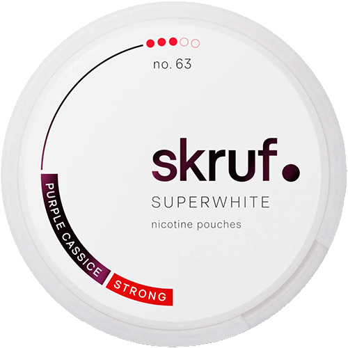 Skruf Superwhite No.63 Purple Cassice Strong nicotine pouches with intense blackcurrant cassis flavor – strong Swedish tobacco-free snus alternative in purple and black round can