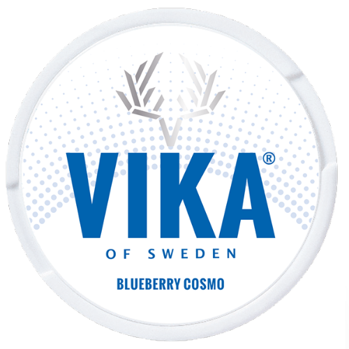 Vika Blueberry Cosmo slim all-white nicotine pouches with fruity blueberry flavor and icy cooling kick.
