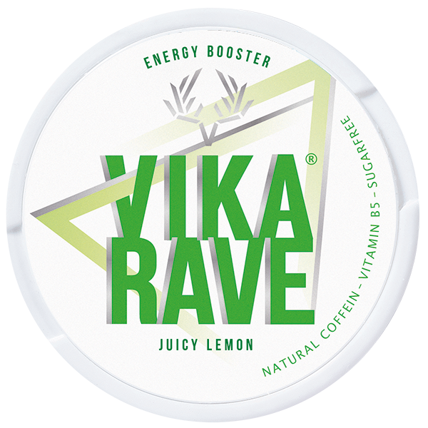 Vika Rave Juicy Lemon nicotine-free pouches with tangy lime flavor and strong caffeine kick for pure energy.
