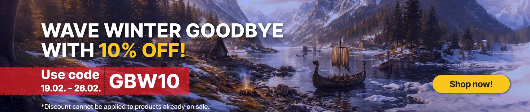 Winter sale banner with 10% discount, Wave Winter Goodbye campaign, promo code GBW10.